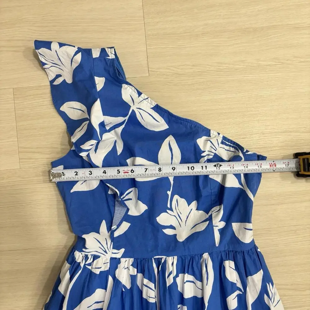 NWT J. Crew One Shoulder Ruffle Midi Dress Blue/White Floral Size 4 Beach Resort
